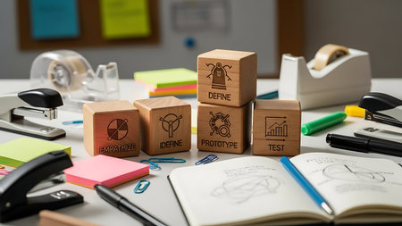Wooden cubes with business icons on office desk. 3D rendering.の素材