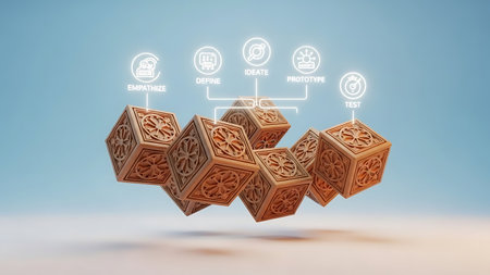 Conceptual image with wooden cubes against blue background with vignetteの素材