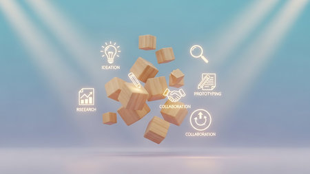 3d rendering of wooden cubes with icons on the blue background.の素材