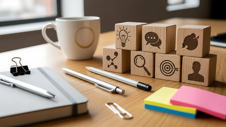 Business concept image of wooden cubes with icons on them over a deskの素材