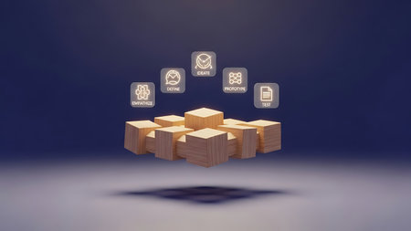 3D rendering of virtual cubes with icons flying in the dark backgroundの素材