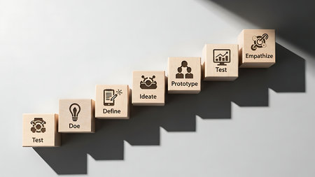 Conceptual 3D illustration of business, technology, internet and networking icons on wooden cubes.の素材