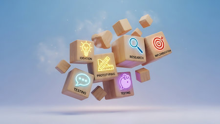 Digital composite of 3d cubes with icons and icons against blue backgroundの素材