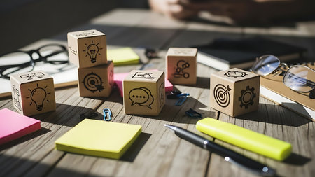 Businessman using a tablet computer with business icons on wooden cubes.の素材