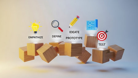 Business idea concept with wooden cubes and icons. 3D Renderingの素材