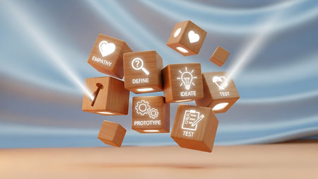 Digital composite of 3D cubes with icons against blue satin curtainの素材