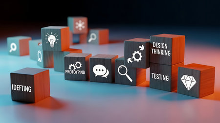 Digital marketing concept with icons on cubes. 3d illustration. Blue background.の素材