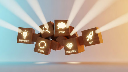 Digital composite of 3D cubes with icons against blue background with flareの素材