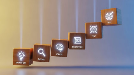 Digital composite of Wooden cubes with business icons against blue and orange backgroundの素材