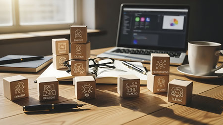 Conceptual image of wooden cubes with business icons on them.の素材