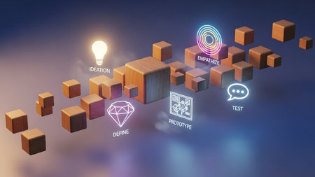 Digital composite of 3d cubes with icons and light bulb against blue backgroundの素材