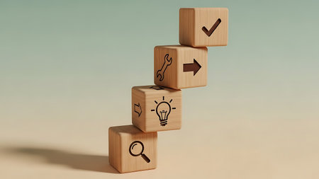 Conceptual 3D rendering of wooden cubes with icon on topの素材