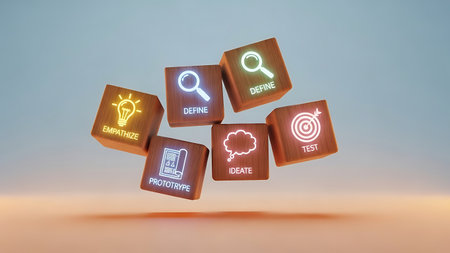 Digital composite of 3D cubes with icons against blue and orange backgroundの素材