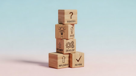 Wooden blocks with question mark and light bulb icon. Business conceptの素材