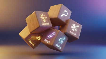 Digital composite of 3D cubes with light bulb and business icons against blue backgroundの素材