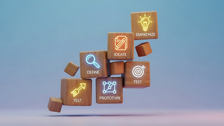 Wooden cubes with business icons on blue background. 3D renderingの素材