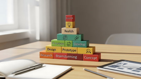 Conceptual 3D rendering of a stack of building blocks with business related wordsの素材
