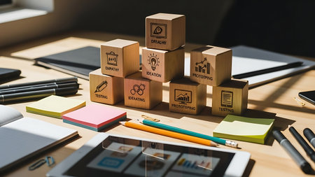 Business and Marketing conceptual image, cube with business icon on wooden deskの素材