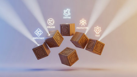 Wooden cubes with icons flying in the air, 3D renderingの素材