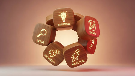 Digital composite of wood cube with business icons against red background with vignetteの素材