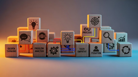 Conceptual image of business icons on wooden cubes with arrows pointing to ideaの素材