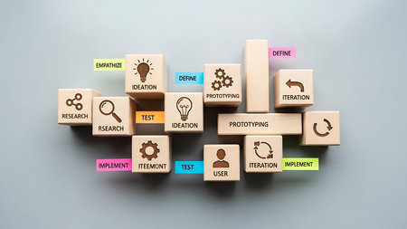 Business concept image of wood cube with business icon on top over grey backgroundの素材