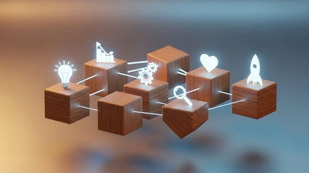 Conceptual image with icons flying over wooden cubes 3d renderingの素材