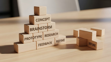 Wooden blocks stacking as step stair on office desk. Business growth concept.の素材
