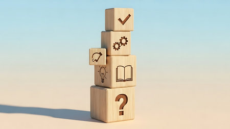 Conceptual 3D illustration of question mark with icons on wooden cubesの素材