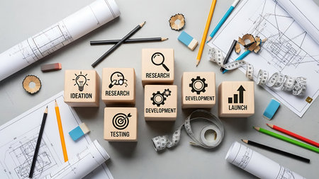 Business concept image with icons on wooden cubes on office desk with draftsの素材