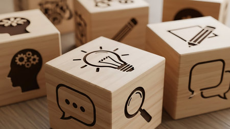 Idea concept with light bulb icon on wooden cubes. 3D illustration.の素材