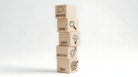 Wooden blocks with business icons on white background. 3D renderingの素材
