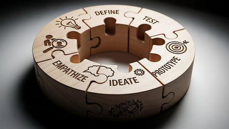 Business Intelligence Concept. Wooden Puzzle with Business Icons. 3D Render.の素材