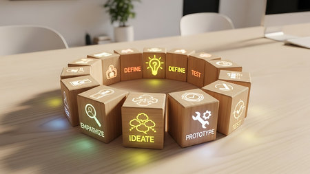 Digital composite of 3D cube with idea related icons on wooden tableの素材