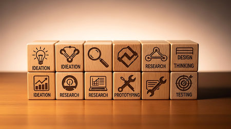 Wooden blocks with business related icons on wooden desk, closeupの素材