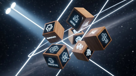 Digital composite of 3D cubes with icons against black background with flareの素材