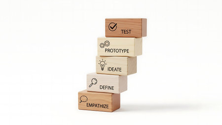 Wooden blocks with business icons on white background. 3D renderingの素材