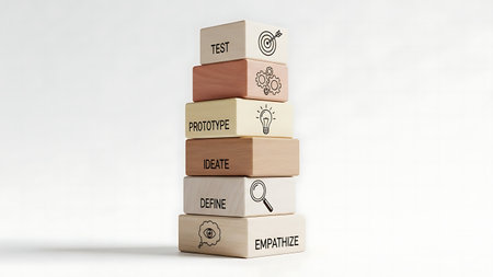 3D rendering of a stack of wooden cubes with business related iconsの素材