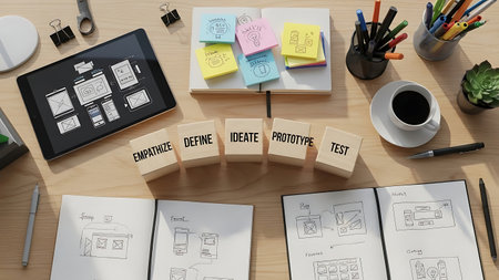 Startup concept on wooden cube with office objects around, top viewの素材