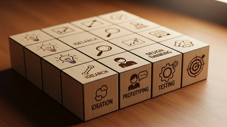 Conceptual image with business icons on wooden cubes. 3d renderingの素材