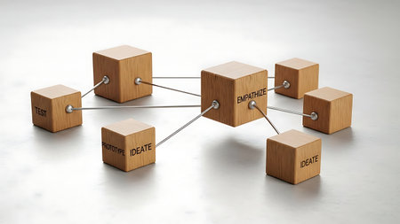 3d illustration of wooden cubes connected to each other with business wordsの素材