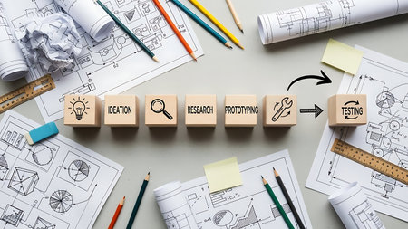 Business concept image with building blocks and drawing tools on office desk backgroundの素材