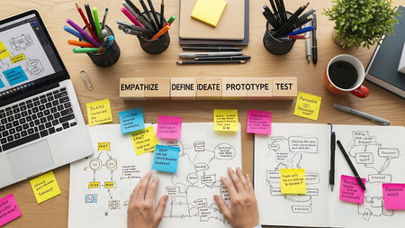 Creative business plan concept on sticky notes. Top view office desk.の素材