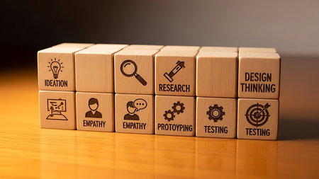 Cubes with business icons on wooden table. Concept of brainstormingの素材