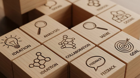 Business concept. Wooden cubes with business icons on them, close upの素材
