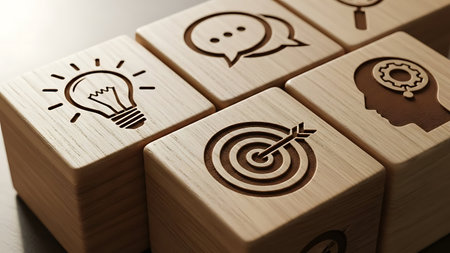 Idea concept on wooden cubes with light bulb icon. 3D illustration.の素材