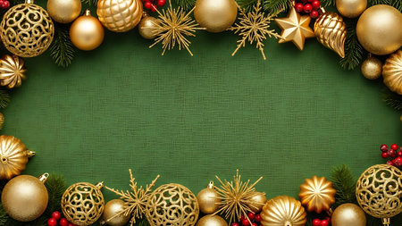 Christmas background with golden baubles and pine branches on green backgroundの素材