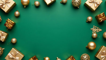 Christmas background with gold and silver decorations. Flat lay, top view.の素材