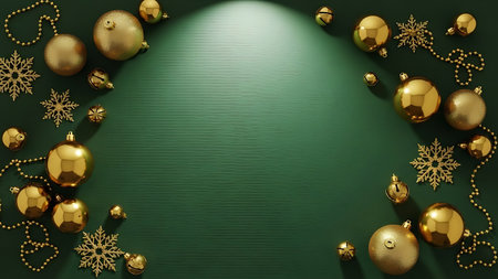 Christmas background with golden balls and snowflakes, 3d renderの素材