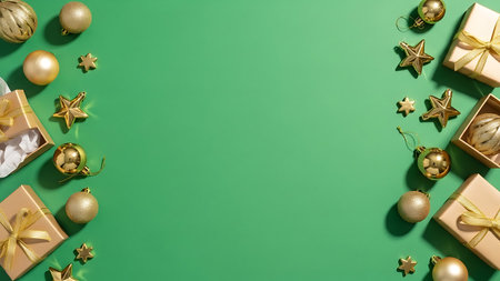Christmas composition. Gifts, christmas tree toys on green background. Flat lay, top view, copy spaceの素材